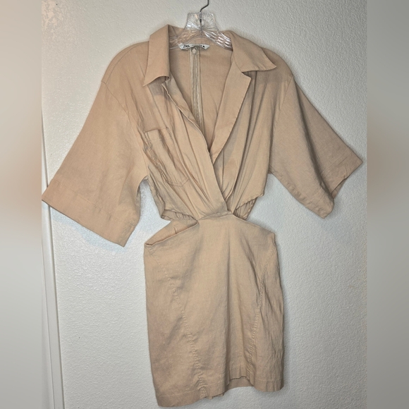 Zara Linen Cutout Dress in Tan - Picture 5 of 9